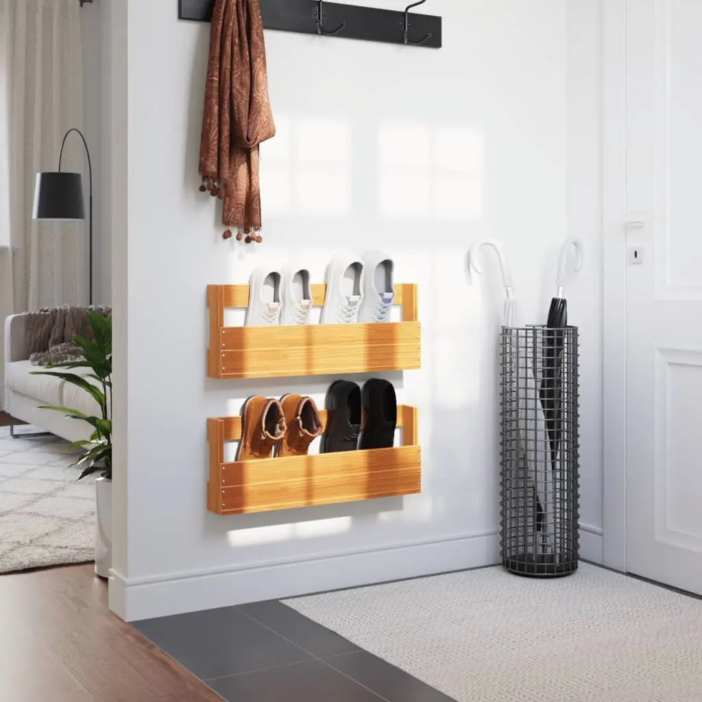 Wall-Mounted Shoe Rack 2 Pieces Solid Pine Wood Organizer Storage Brown