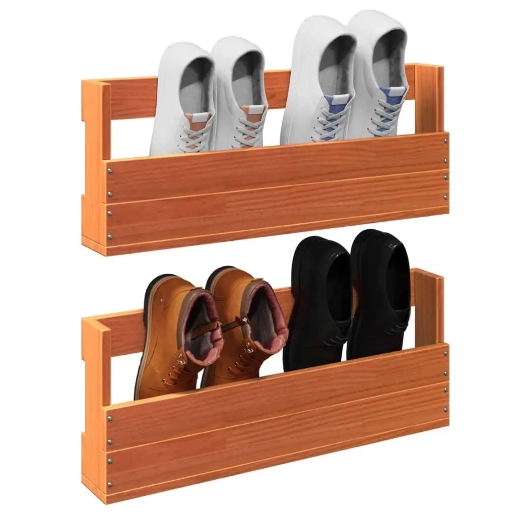 Wall-Mounted Shoe Rack 2 Pieces Solid Pine Wood Organizer Storage Brown