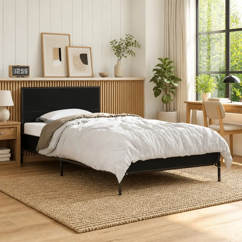 Bed Frame for Bedroom 90x190 cm Engineered Wood with Metal Legs and Plywood Slats