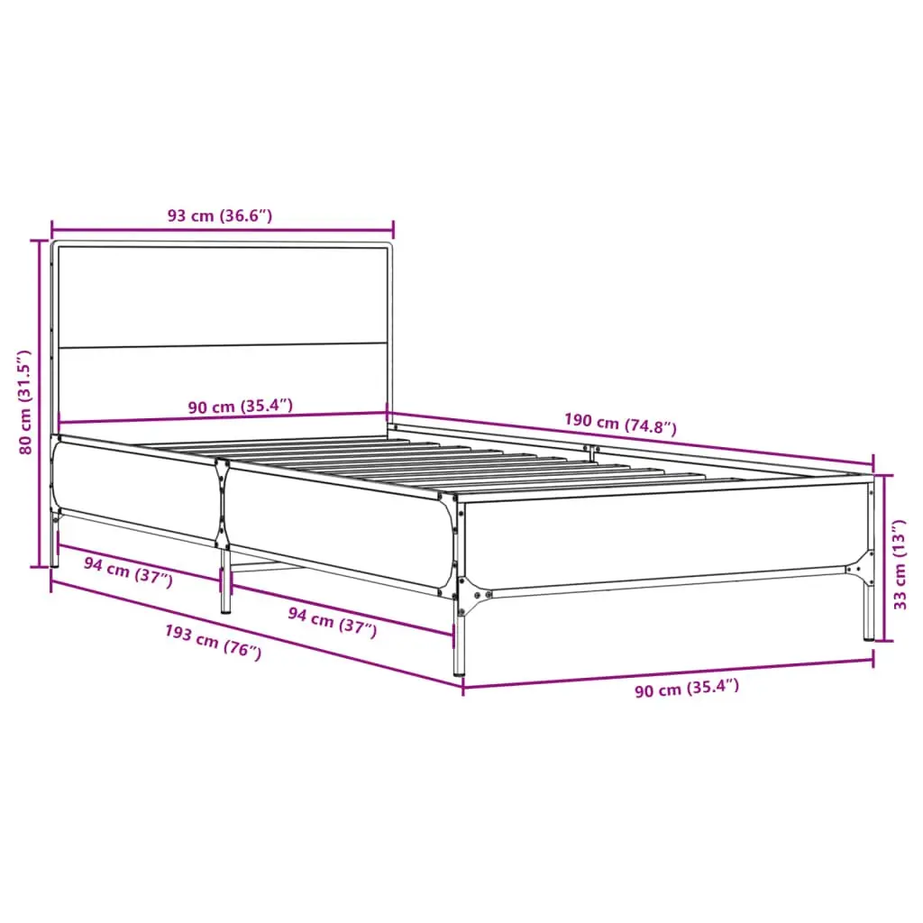 Bed Frame for Bedroom 90x190 cm Engineered Wood with Metal Legs and Plywood Slats