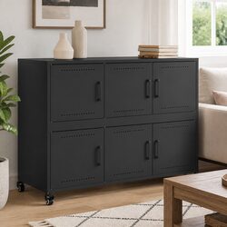Sideboard Black Storage Cabinet 100.5x39x72 cm Steel Wheels Shelves Furniture