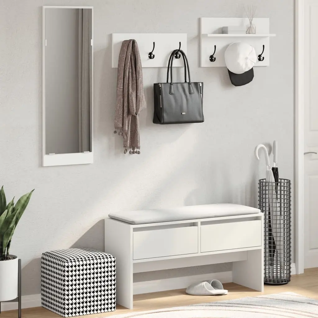 4 Piece White Hallway Set Mirror Shoe Storage Bench and Dual Coat Racks