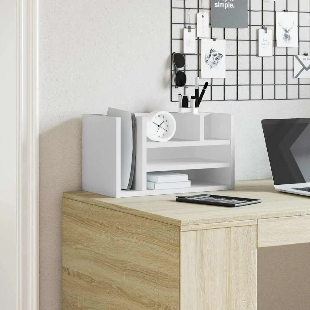 White Desk Organiser 6 Compartment for Home Office 44.5x24x25cm Engineered Wood Desktop Storage