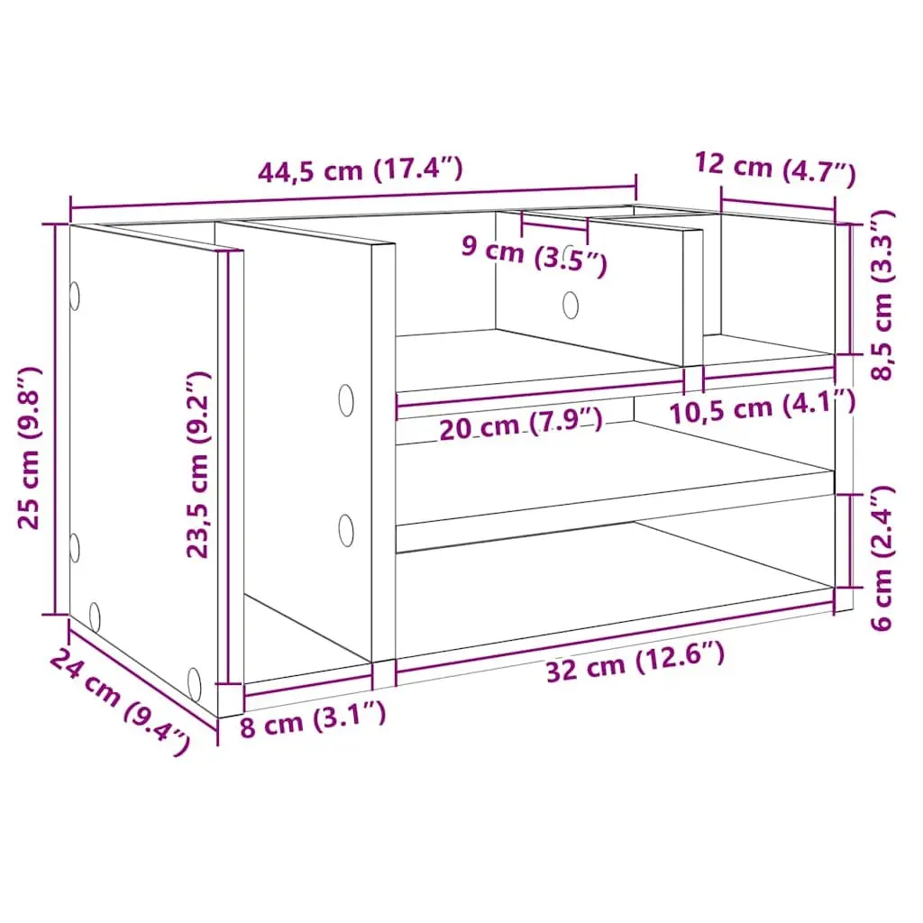 White Desk Organiser 6 Compartment for Home Office 44.5x24x25cm Engineered Wood Desktop Storage