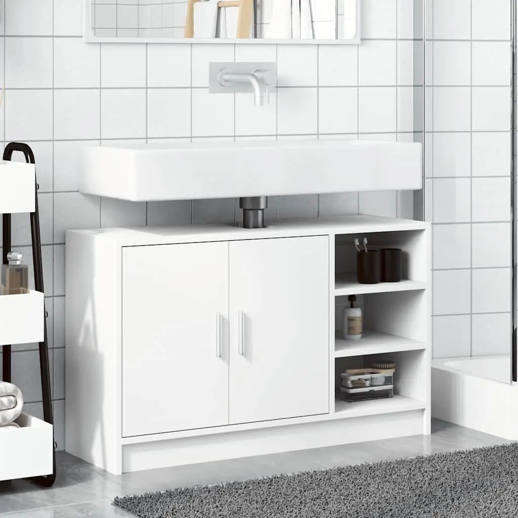 White Engineered Wood Bathroom Sink Cabinet Storage Vanity 90cm x 29cm x 55cm with Open and Closed Compartments