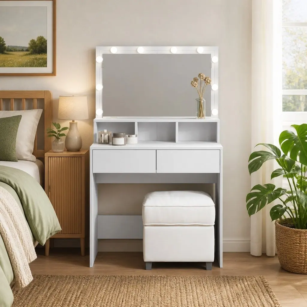 Dressing Table with LED Mirror White Bedroom Vanity Storage Drawers Compartments