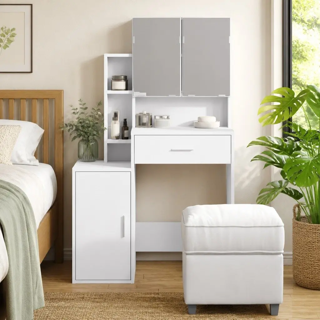 Dressing Table for Bedroom with Mirror and Storage Drawer White