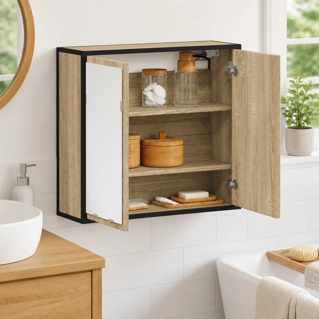 Bathroom Mirror Cabinet Wall-Mounted Storage Unit Brown 65W x 20D x 60H cm