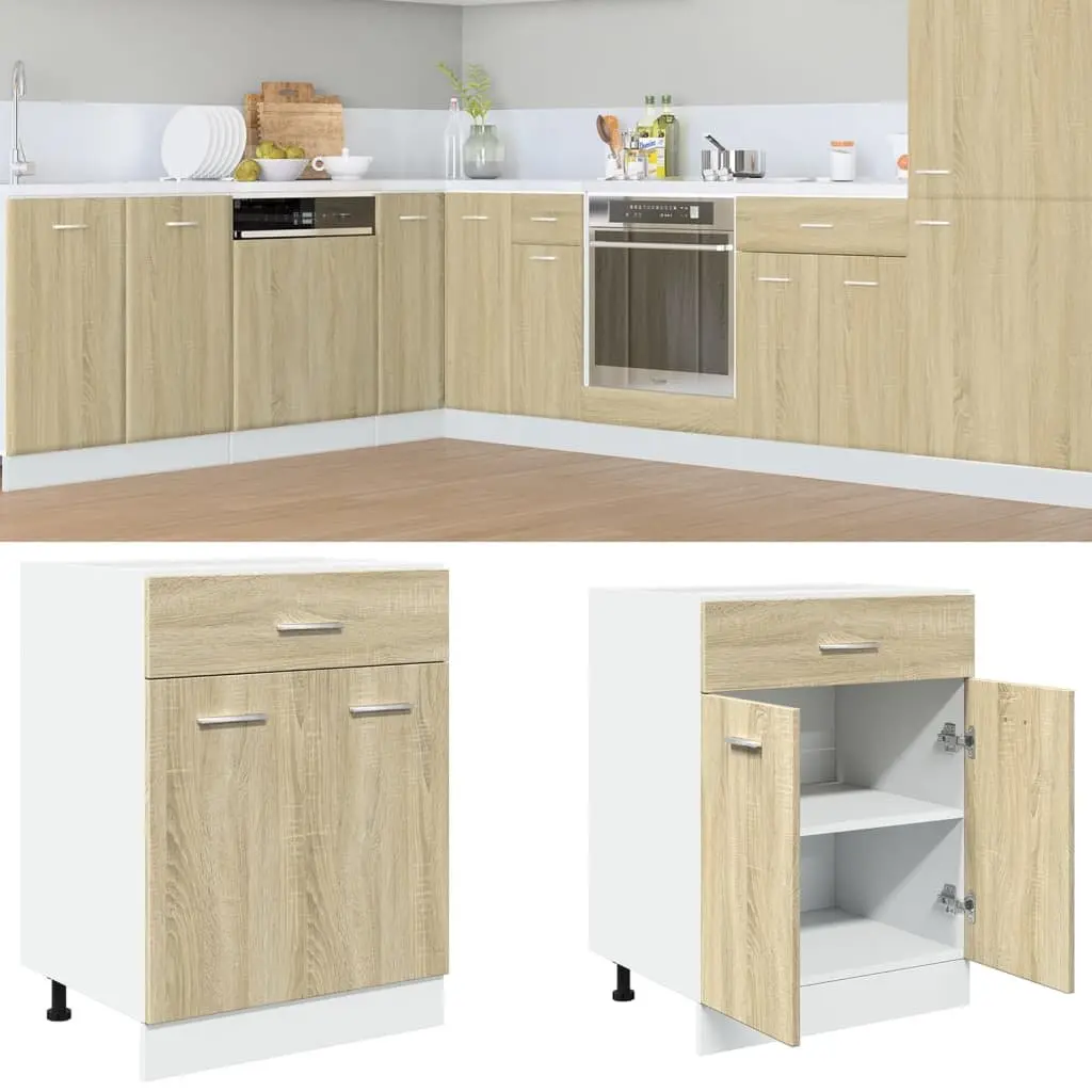 Kitchen Cabinet Storage Unit for Kitchen 60W x 46D x 81.5H cm Brown Engineered Wood with Drawer and Shelves