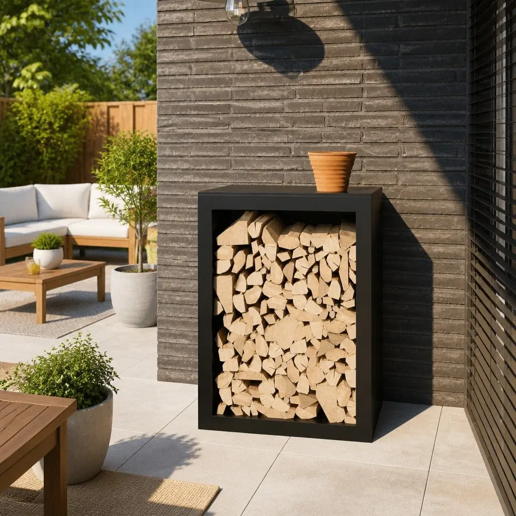Firewood Rack Black Steel Storage Log Holder Stand for Fireplace 60 x 40 x 80 cm