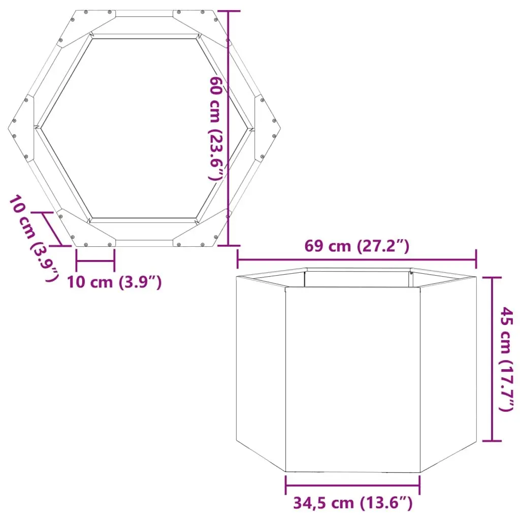 Garden Planter Hexagon Black Raised Bed Outdoor Flowers Plants Steel 69x60x45cm
