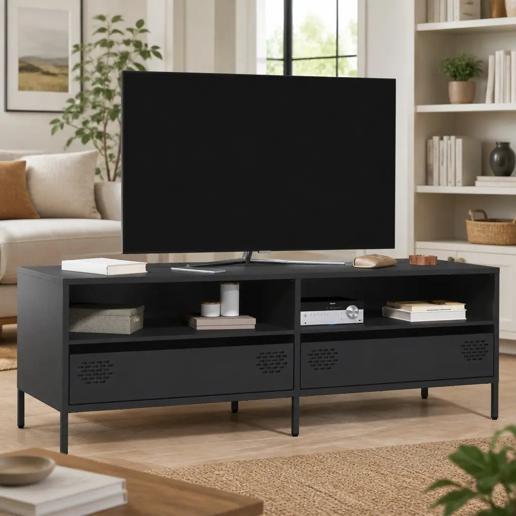 TV Cabinet Industrial Style Black Storage Unit for Living Room Bedroom 135 x 39 x 43.5 cm