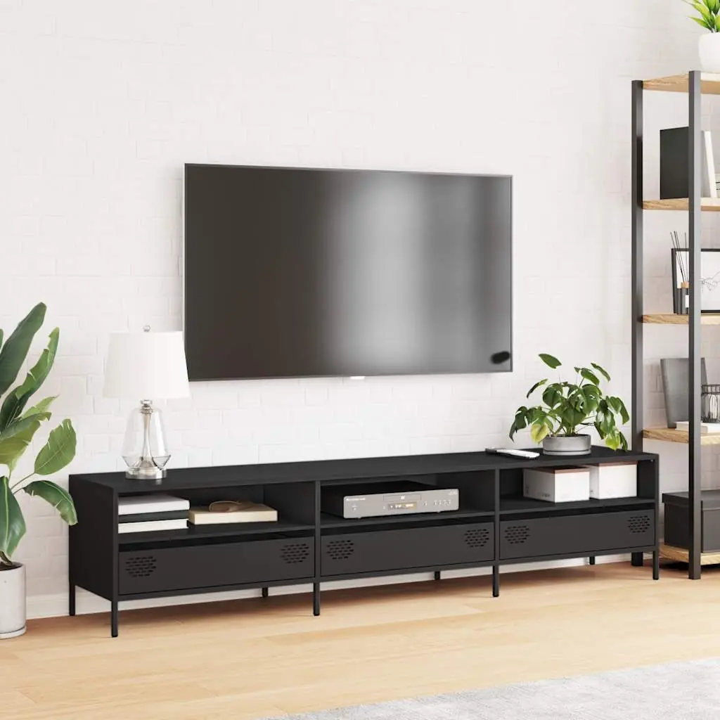 TV Cabinet Black Industrial Steel Unit with Storage Drawers Compartments 202cm