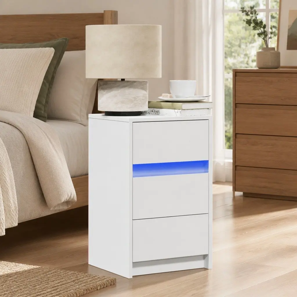 White Engineered Wood Bedside Cabinet with RGB LEDs