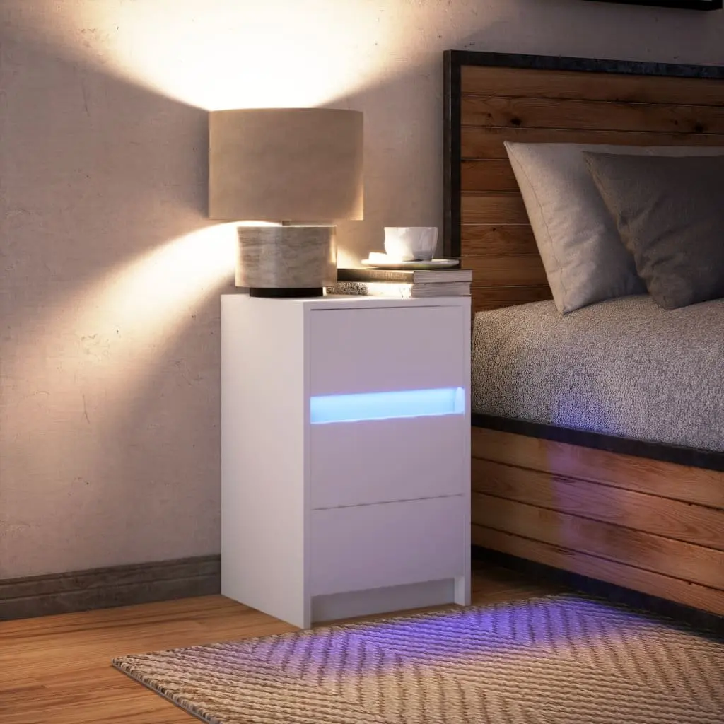 White Engineered Wood Bedside Cabinet with RGB LEDs