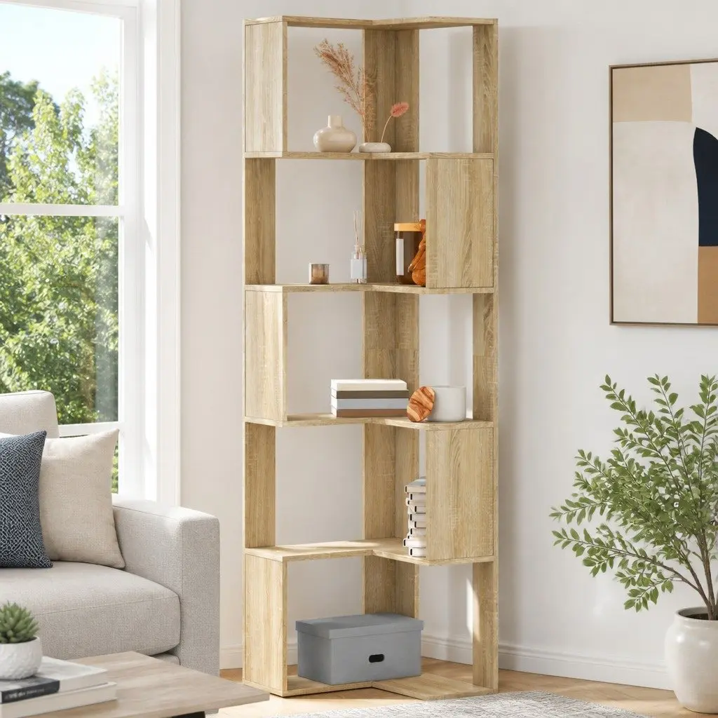 Corner Bookcase for Living Room Bedroom Office Kitchen 5-Tier Sonoma Oak Engineered Wood Storage Display Shelf