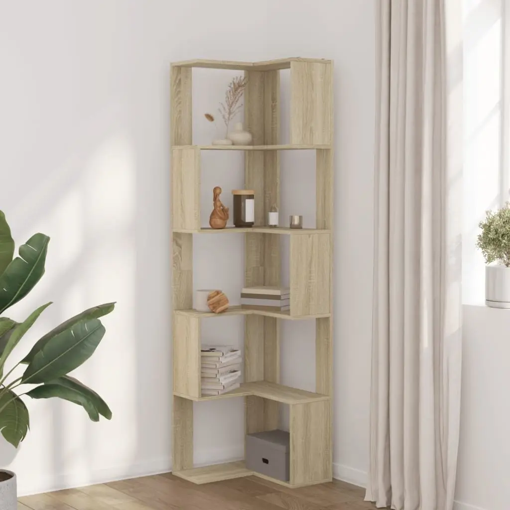 Corner Bookcase for Living Room Bedroom Office Kitchen 5-Tier Sonoma Oak Engineered Wood Storage Display Shelf