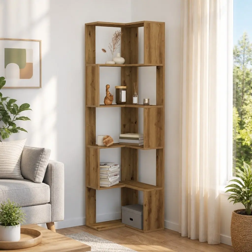 5 Tier Corner Bookcase Engineered Wood Brown 50x50x179cm Shelving Unit for Storage and Display in Compact Spaces