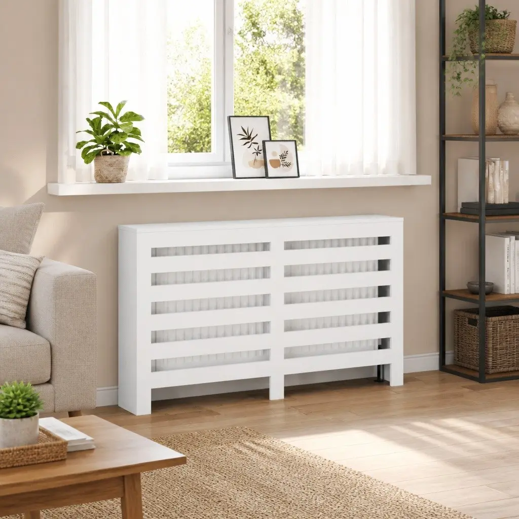 Radiator Cover 149 x 20 x 82 cm White Engineered Wood Cabinet Shelf Living Room