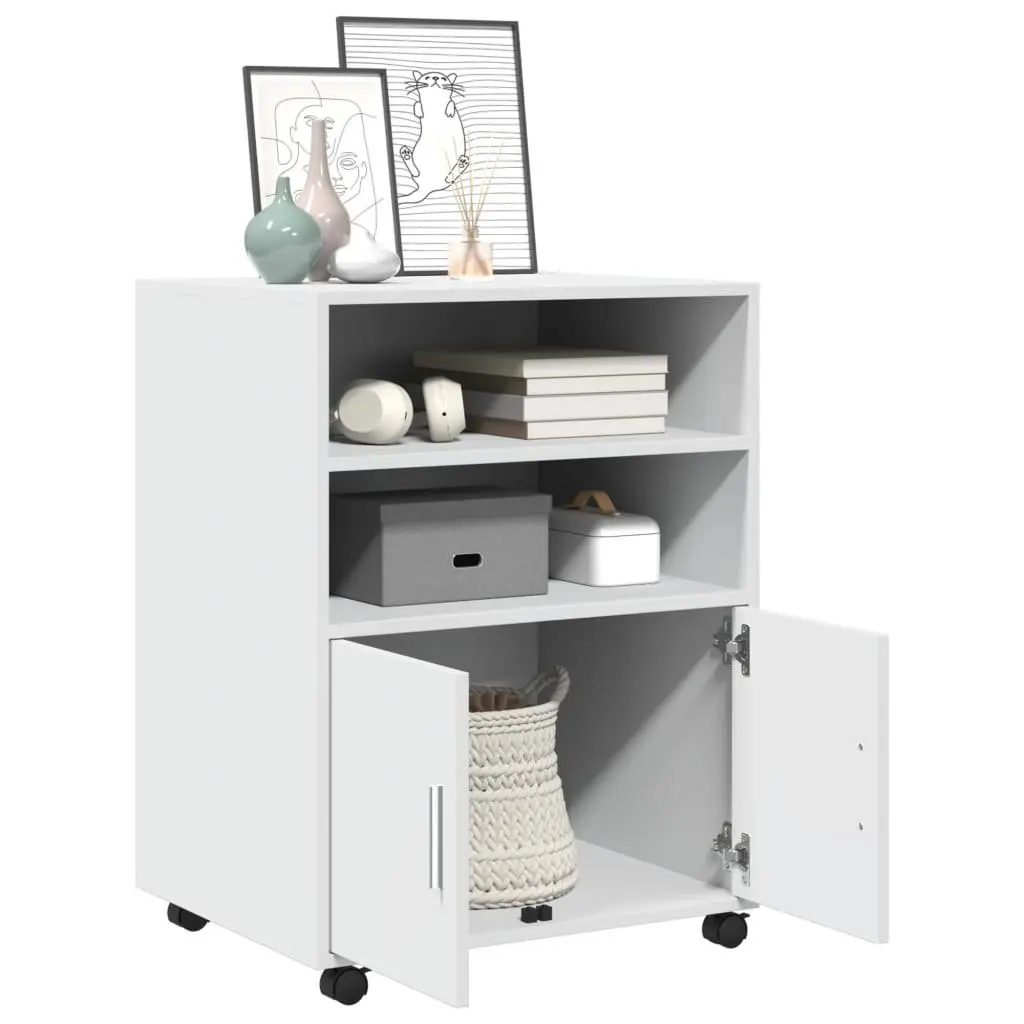 Rolling Cabinet White Storage Organizer for Home Office 60W x 48D x 81H cm