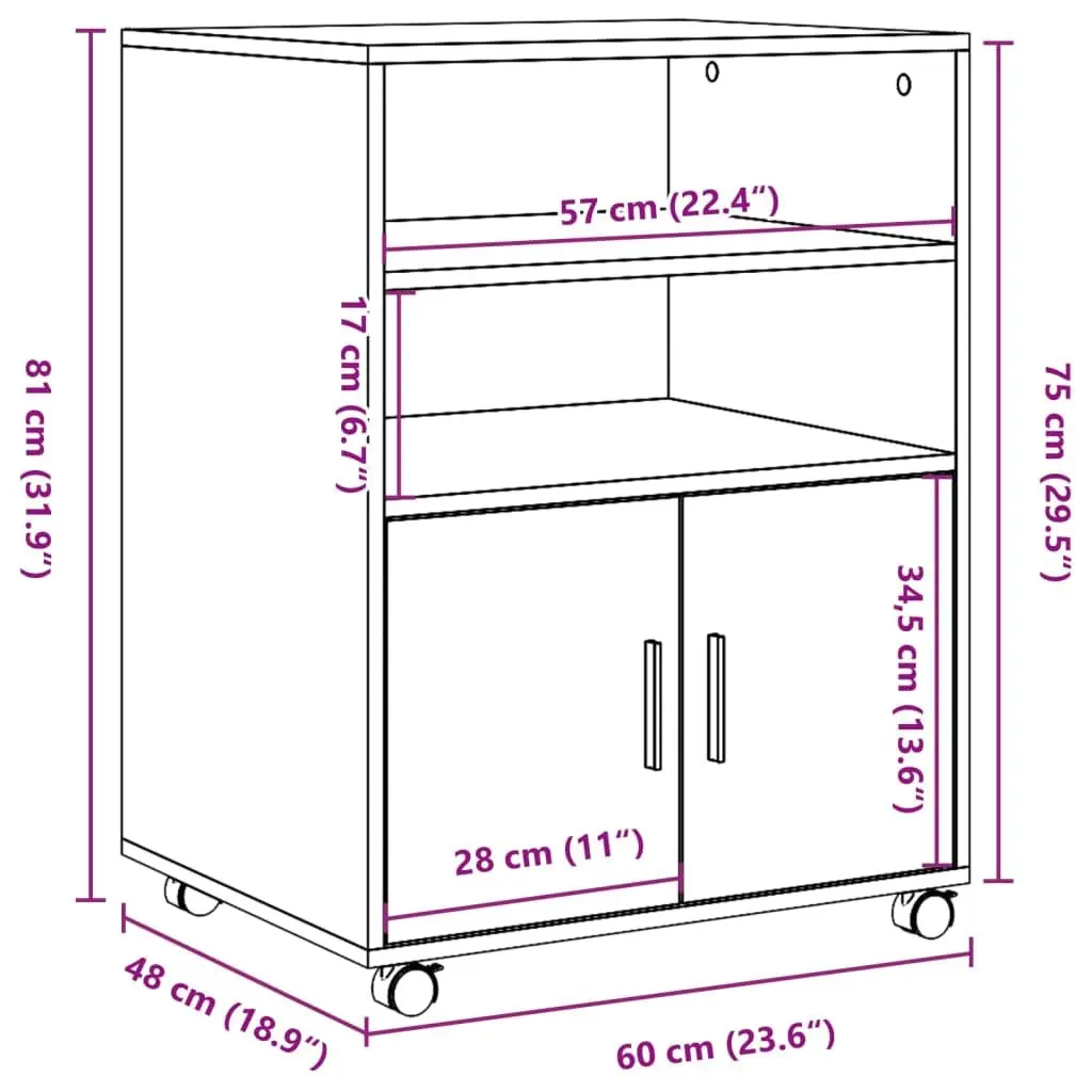 Rolling Cabinet White Storage Organizer for Home Office 60W x 48D x 81H cm