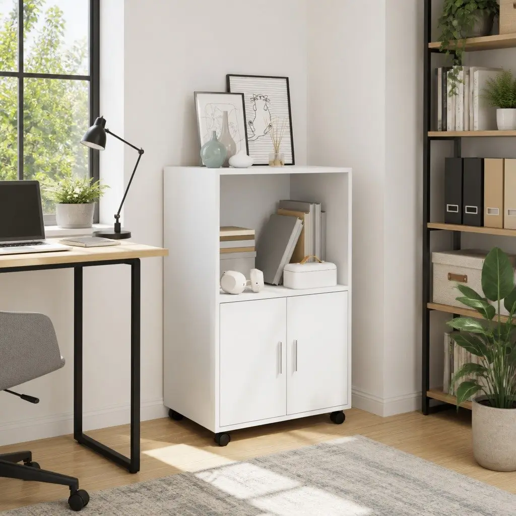 Rolling Cabinet White Storage Furniture Bedroom 55L x 40W x 91H cm