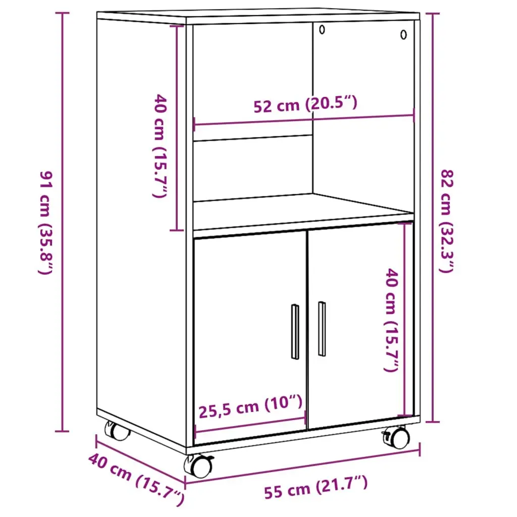 Rolling Cabinet White Storage Furniture Bedroom 55L x 40W x 91H cm