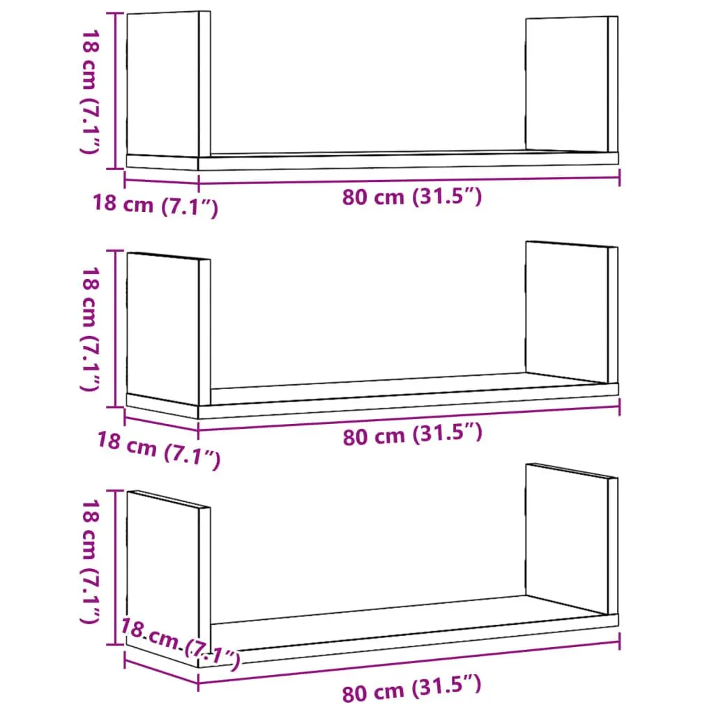 Wall Shelves 3 Pieces White Floating Storage Display Organiser 80x18x18 cm