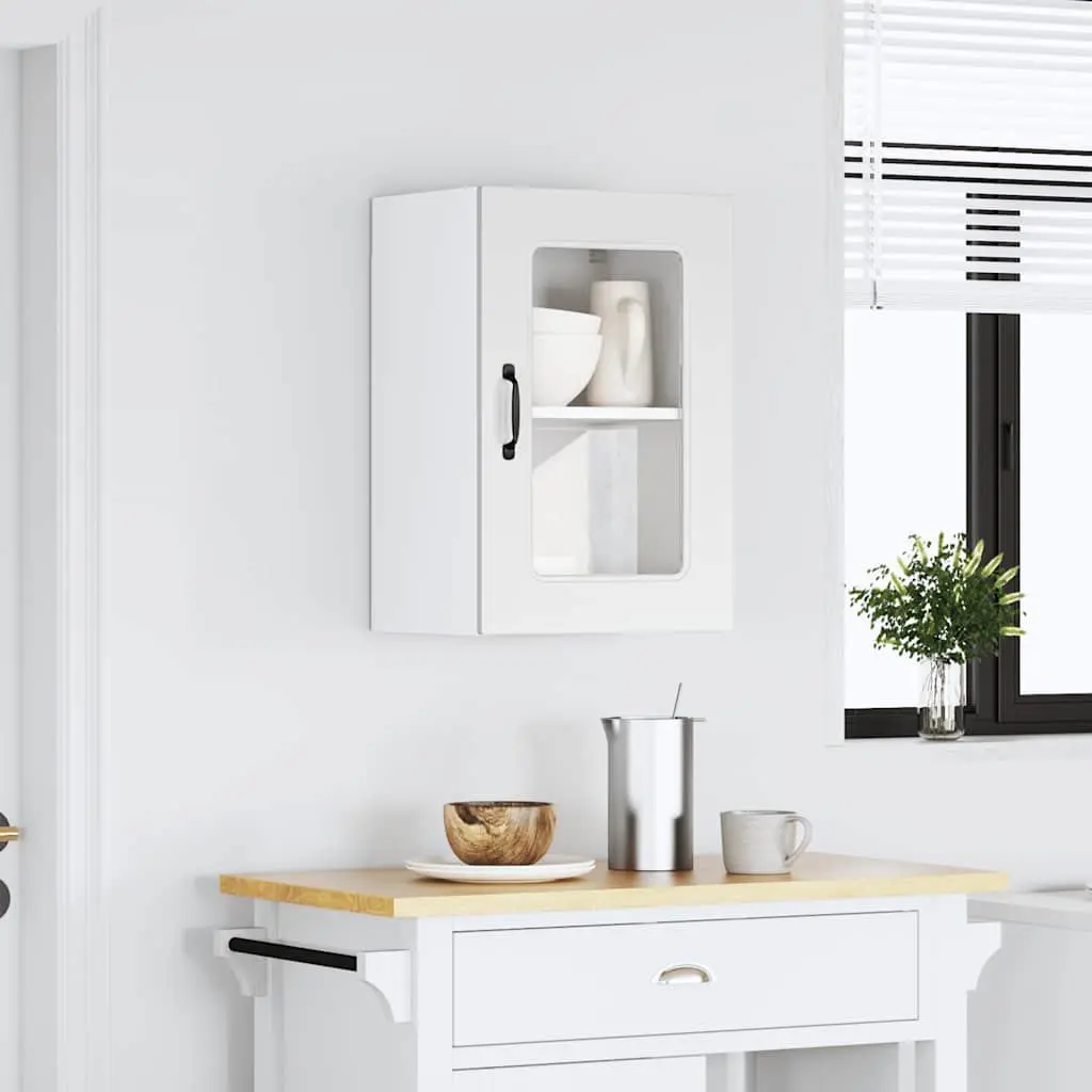 White Engineered Wood Wall Cabinet with Glass Door