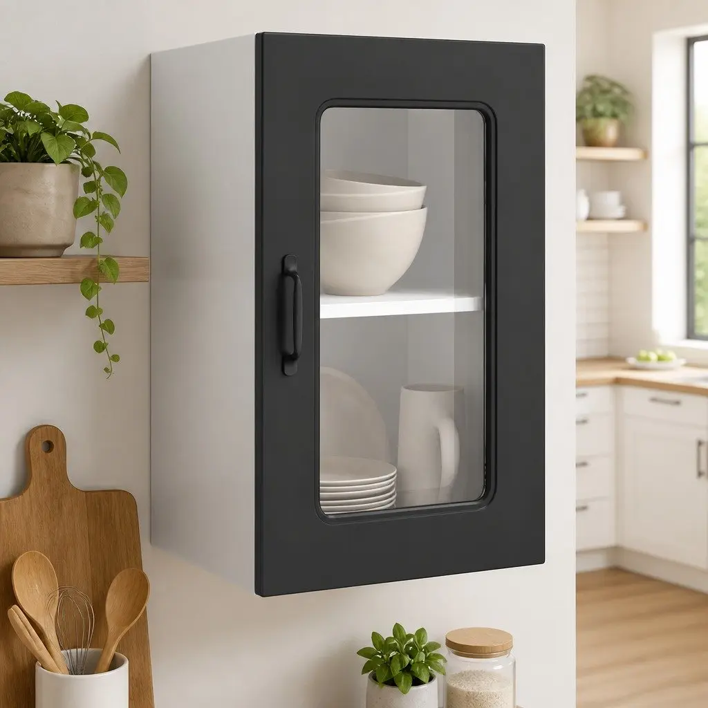 Kitchen Wall Cabinet Glass Door Organizer Black Engineered Wood