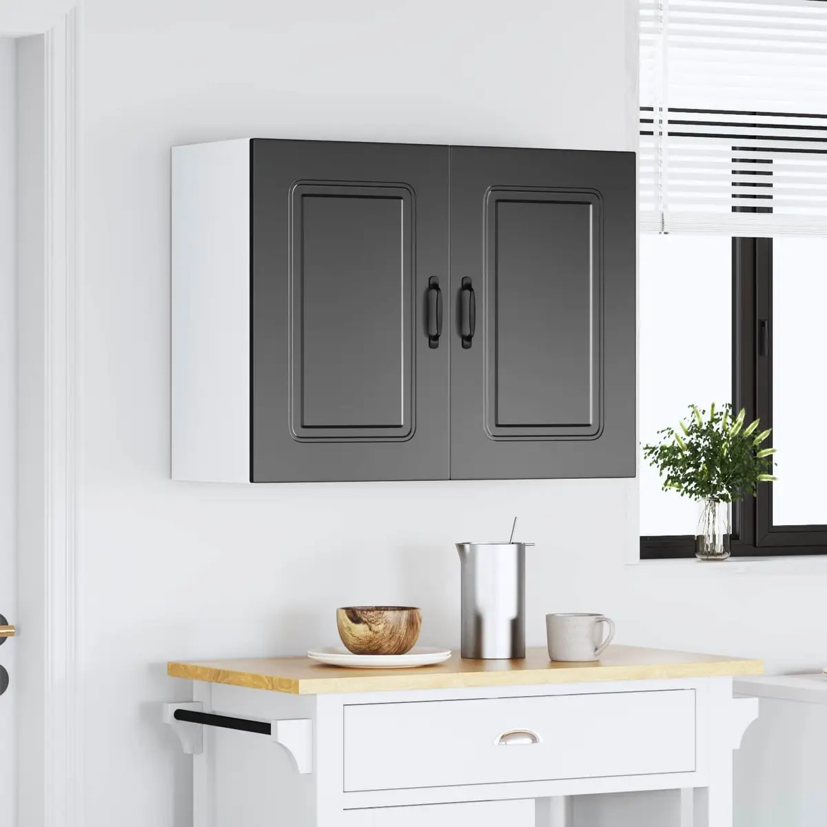 Kitchen Wall Cabinet Black Engineered Wood Storage Organizer with Door