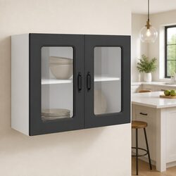 Engineered Wood Black Kitchen Wall Cabinet with Glass Door