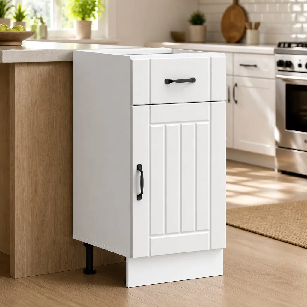 White Kitchen Base Cabinet Made of Engineered Wood