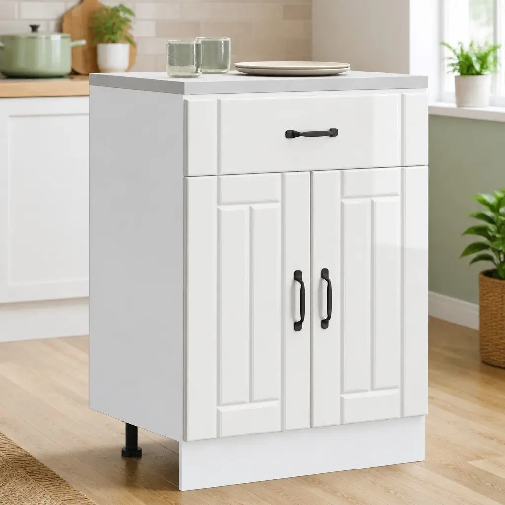 Kitchen Base Cabinet for Sink White High Gloss Engineered Wood Storage Cupboard