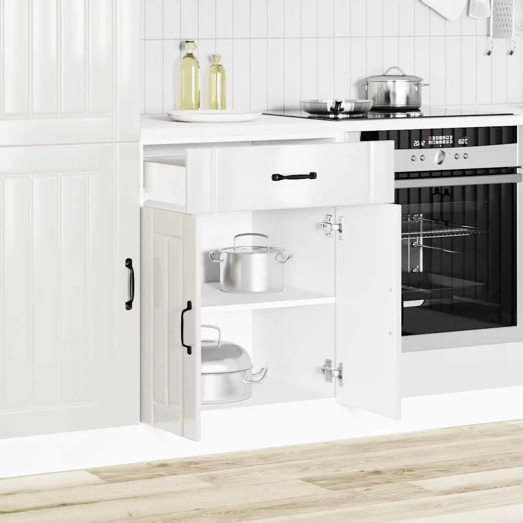 Kitchen Base Cabinet for Sink White High Gloss Engineered Wood Storage Cupboard