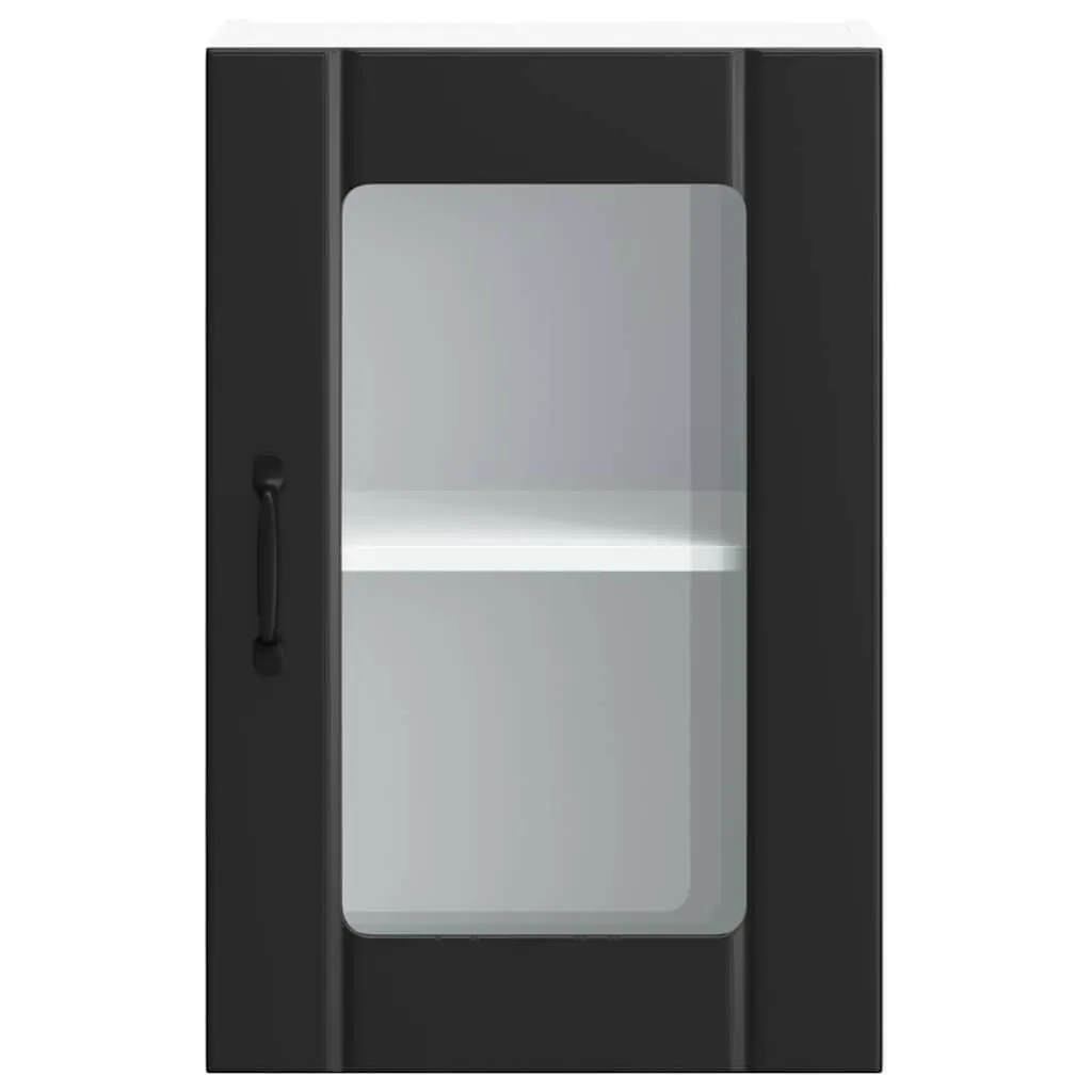 Kitchen Wall Cabinet Glass Door Black Engineered Wood Wall-Mounted Storage