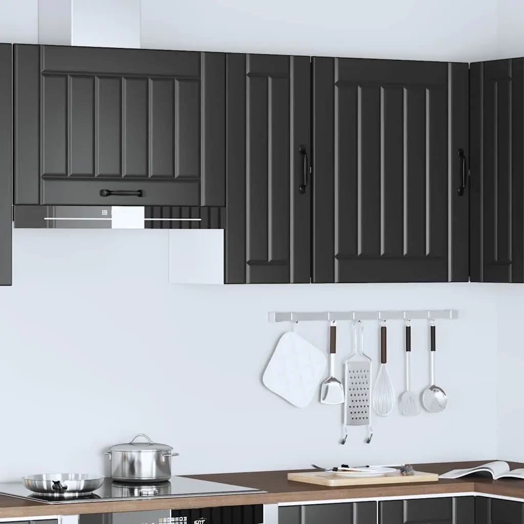 Wall-Mounted Cabinet for Kitchen Storage Black Engineered Wood with Glass Door