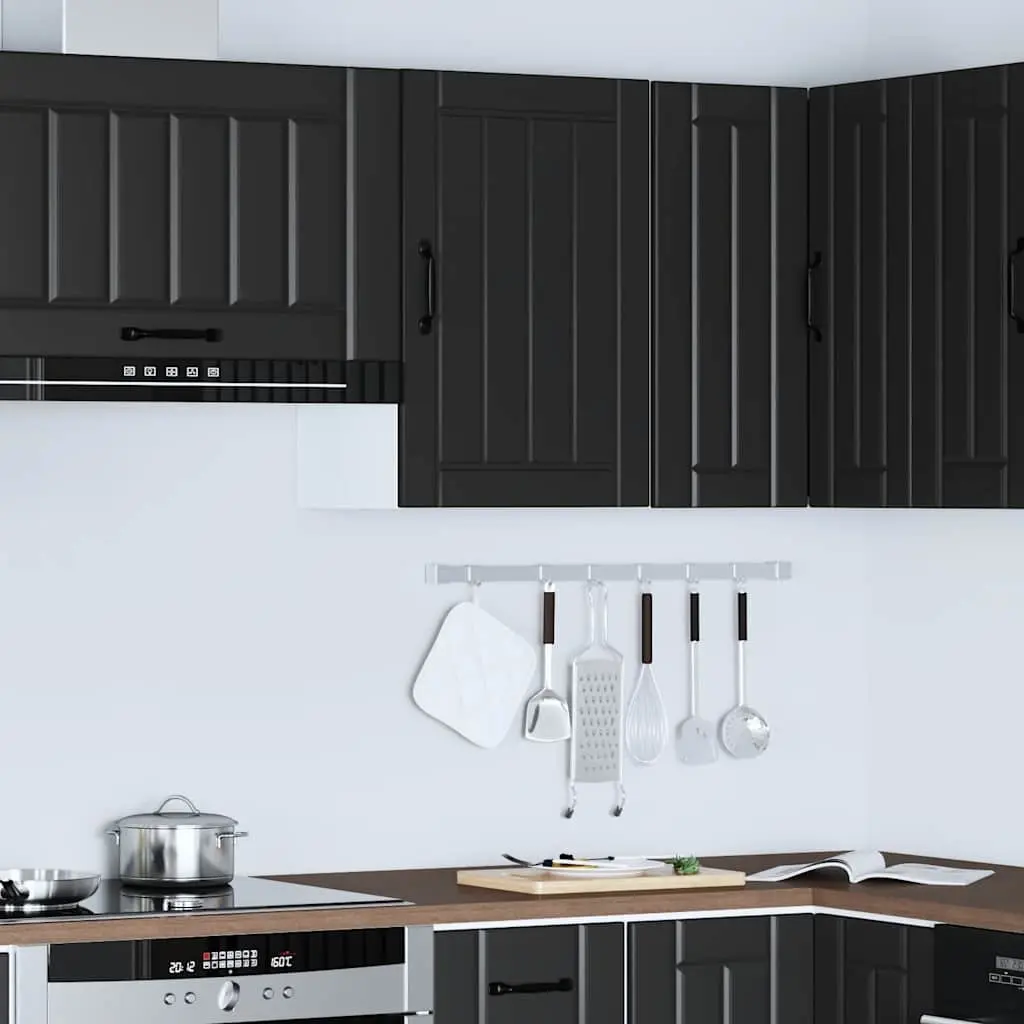 Black Engineered Wood Wall Mounted Kitchen Cabinet with Glass Door Storage Shelves