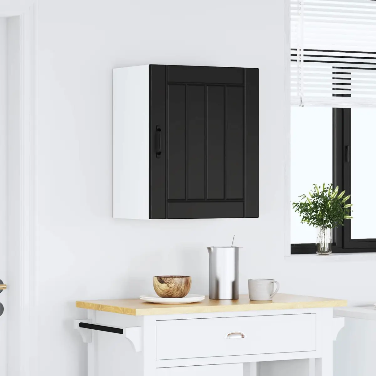 Kitchen Wall Cabinet Black Engineered Wood Glass Door Storage Organiser