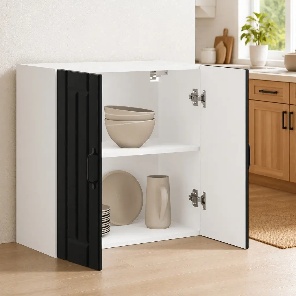 Wall-Mounted Kitchen Cabinet Black Engineered Wood Glass Door Storage