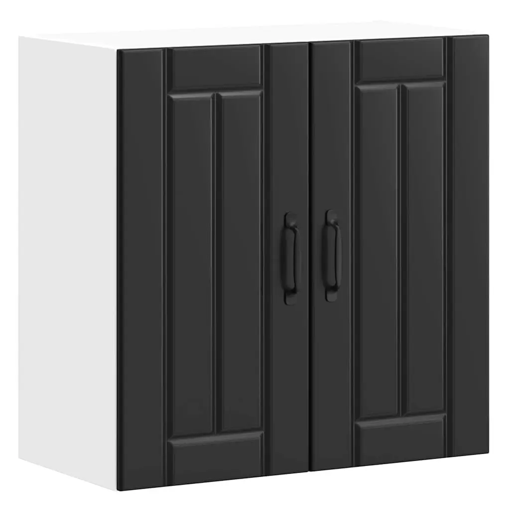 Wall-Mounted Kitchen Cabinet Black Engineered Wood Glass Door Storage