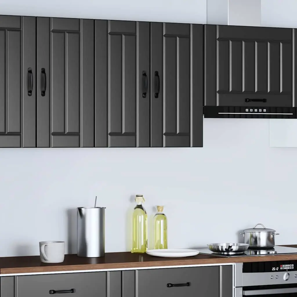 Wall-Mounted Kitchen Cabinet Black Engineered Wood Glass Door Storage