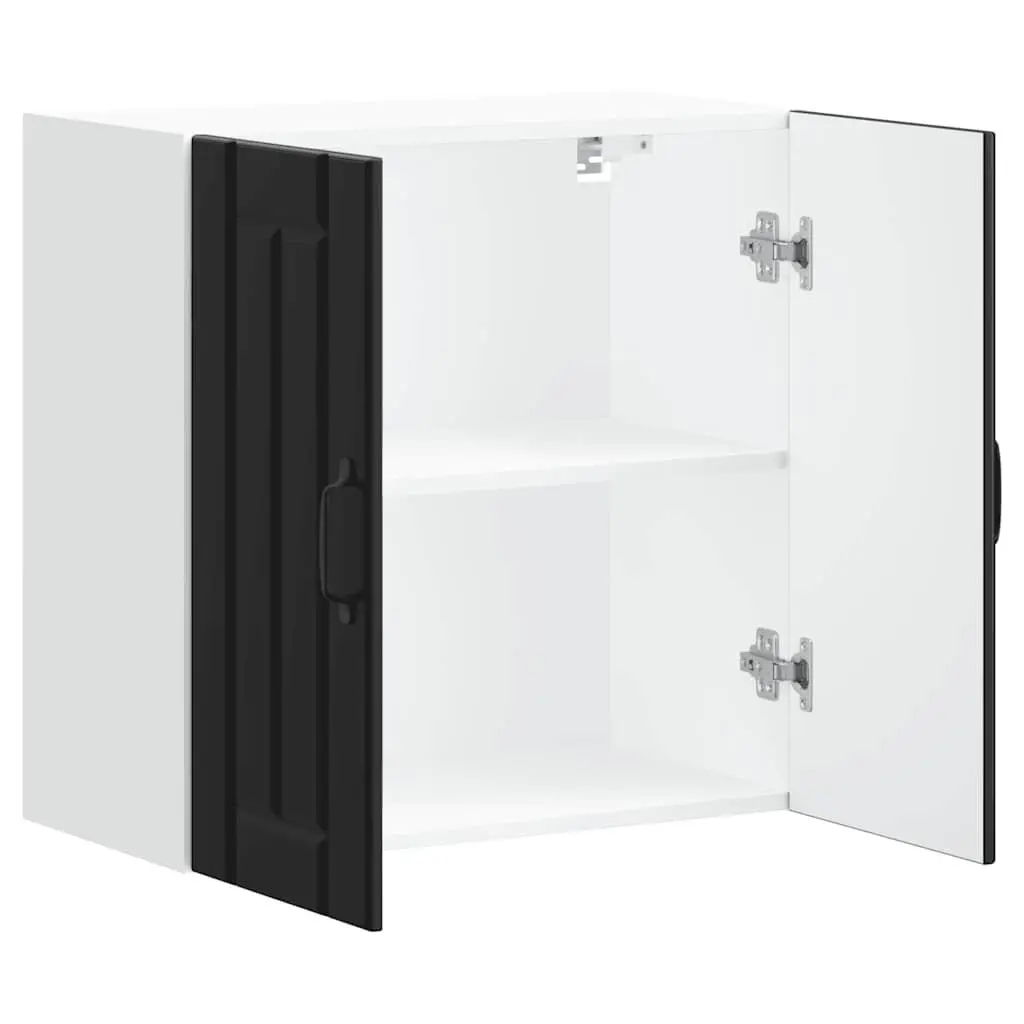 Wall-Mounted Kitchen Cabinet Black Engineered Wood Glass Door Storage