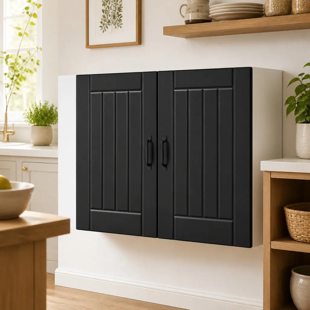 Wall-Mounted Kitchen Cabinet Black Engineered Wood Glass Door Storage