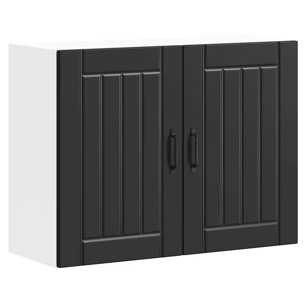 Wall-Mounted Kitchen Cabinet Black Engineered Wood Glass Door Storage