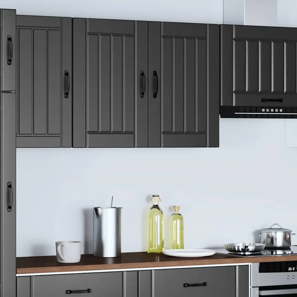 Wall-Mounted Kitchen Cabinet Black Engineered Wood Glass Door Storage