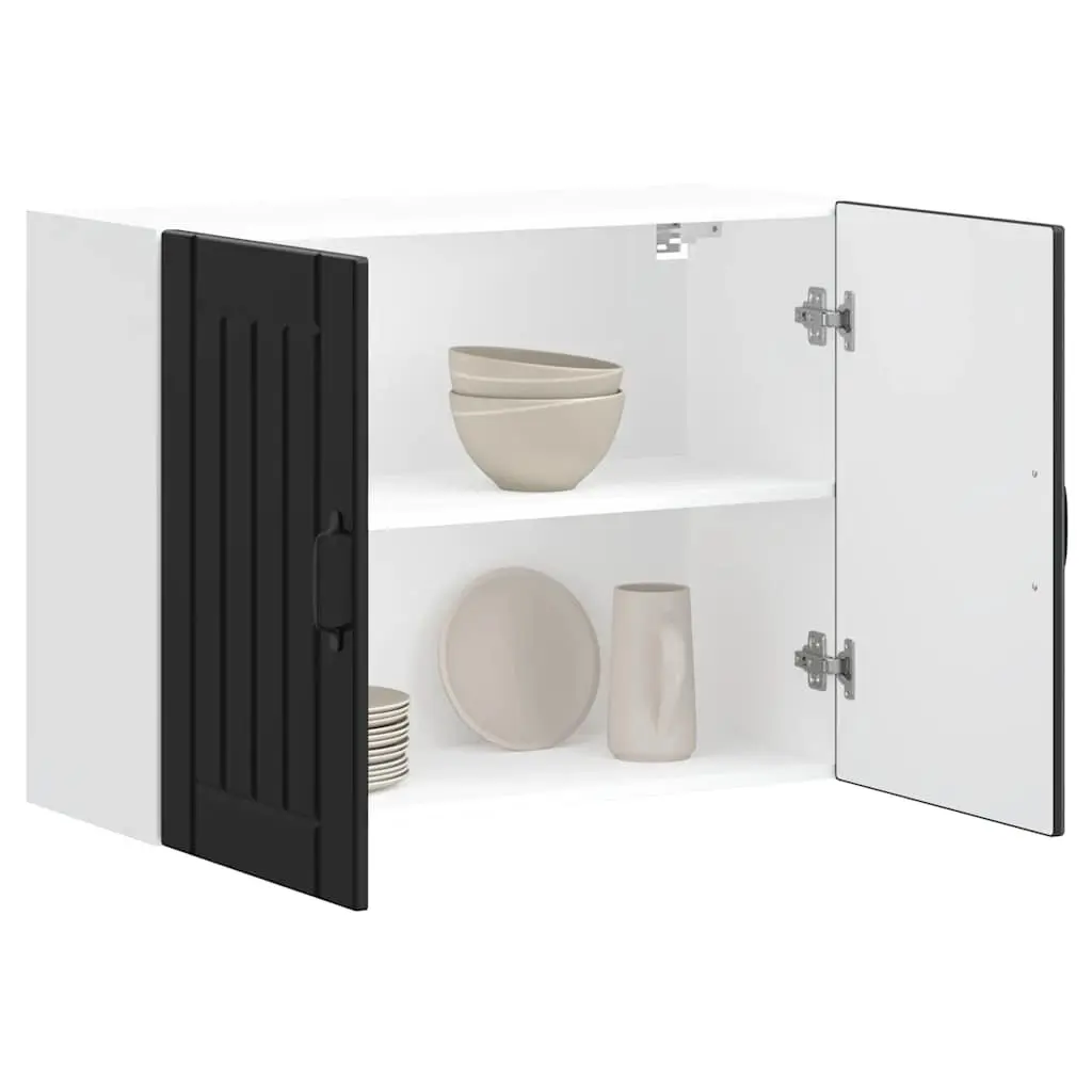 Wall-Mounted Kitchen Cabinet Black Engineered Wood Glass Door Storage