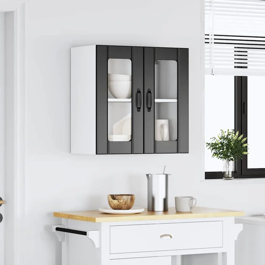 Kitchen Wall Cabinet Glass Door Black Engineered Wood Storage Organiser