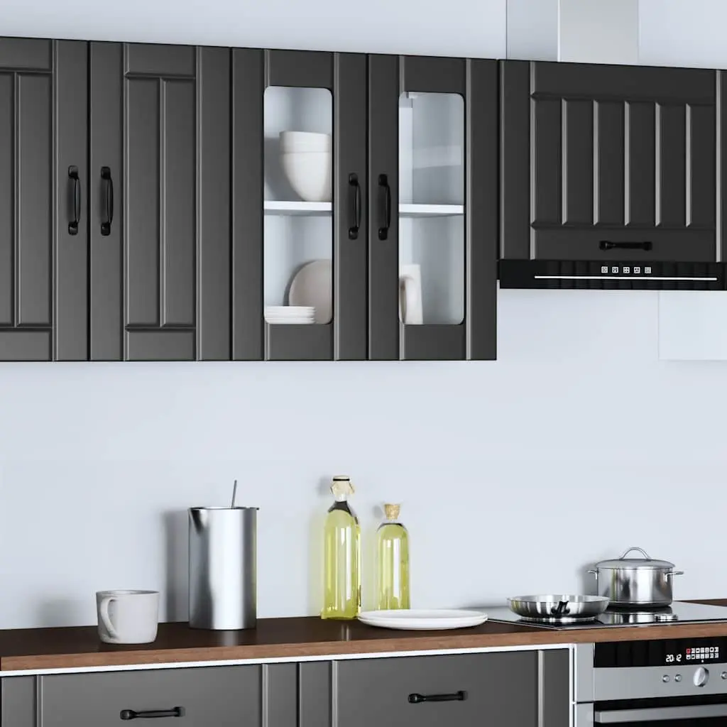 Kitchen Wall Cabinet Glass Door Black Engineered Wood Storage Organiser