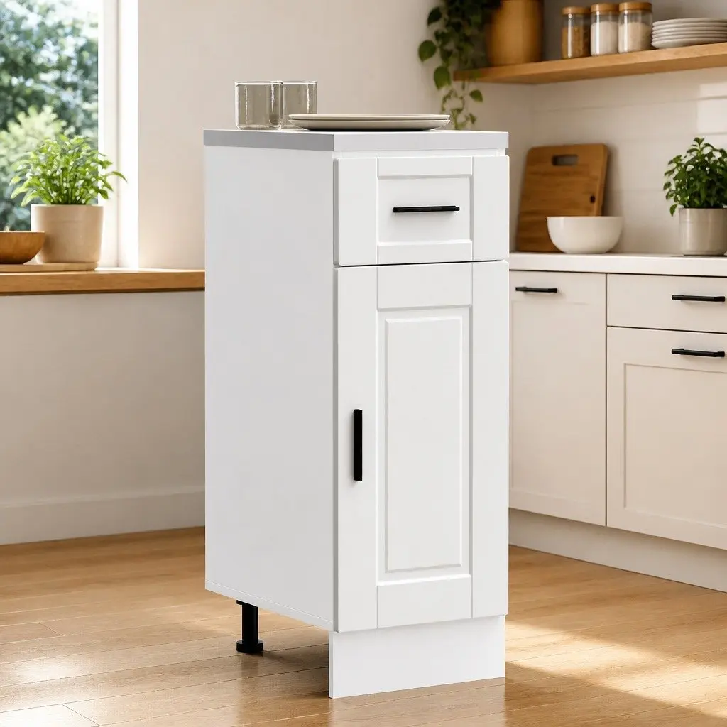 White Engineered Wood Kitchen Storage Base Cabinet with Adjustable Feet